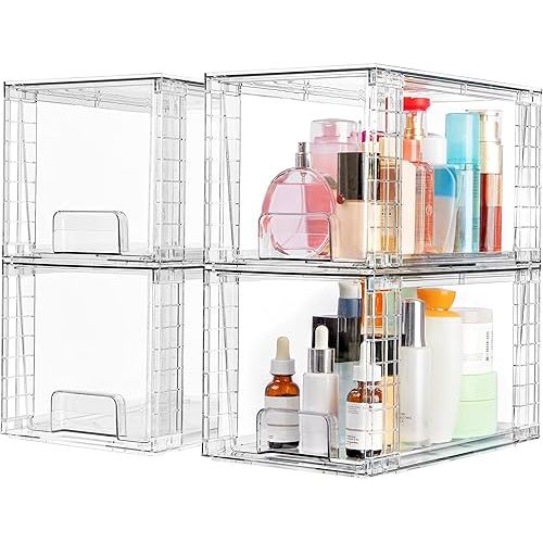 Vtopmart 4 Pack Large Stackable Storage Drawers,Easily Assemble Acrylic Bathroom Closet Undersink Organizers and Storage,Plastic Bins for Kitchen Cabinets,Pantry,Makeup,Medicine Organization