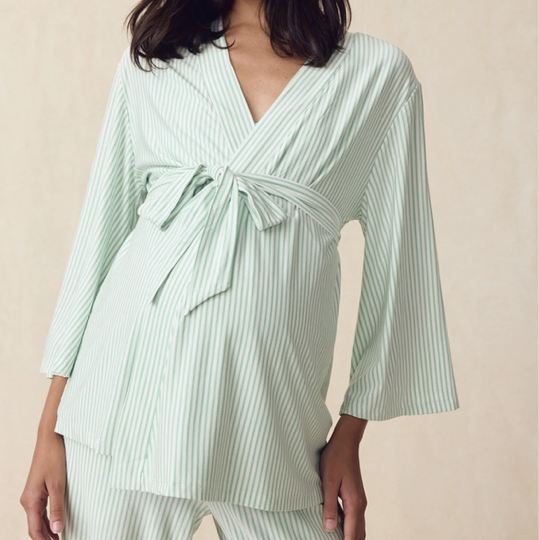 LAKE | Women | DreamModal® Pajamas | Parisian Green Pencil Stripe Maternity Kimono Bundle