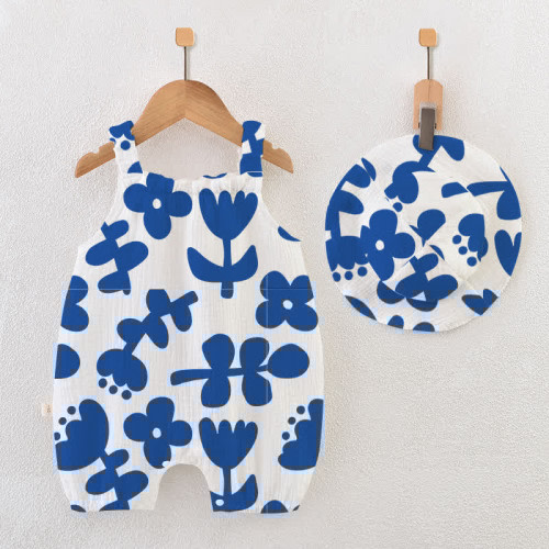 Baby Blue Floral White Romper with Hat