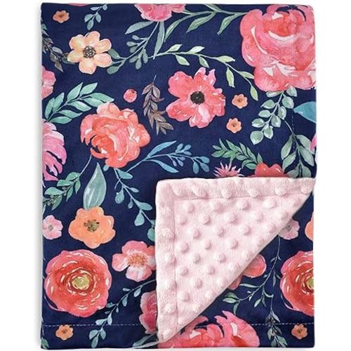 HOMRITAR Baby Blanket for Girls Super Soft Double Layer Minky with Dotted Backing, Elegant Receiving Blanket with Pink Floral Multicolor Printed Blanket 30 x 40 Inch(75x100cm), Navy Blue