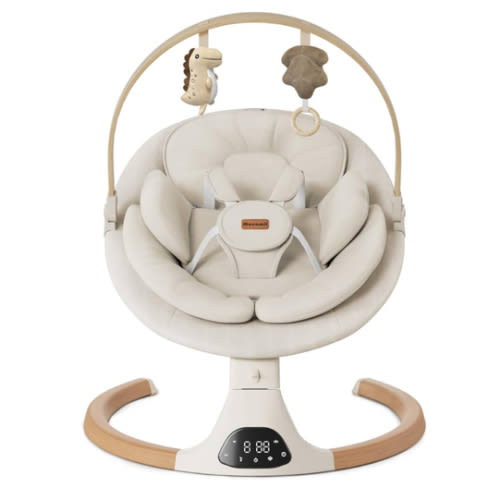 Balançoire électrique portable pour bébé avec haut-parleur musical, 5 vitesses et télécommande, balançoire électrique portable, utilisation en intérieur et en extérieur (beige clair)
