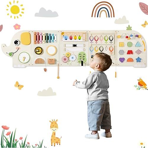 Elephant Activity Wall Busy Board Panels,Wooden Montessori Learning Activity Center Sensory Toys Wooden Sensory Wall Panel for Kids Ideal Furniture for Playroom Daycare Dentist Waiting Room Nursery