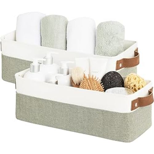 StorageWorks Narrow Storage Bins, Small Basket for Closet and Shelves, Fabric Organizer with Handles, Toilet Paper Storage, Green and White, 2-Pack