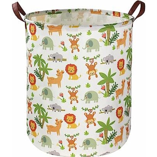 ESSME Kids Laundry Hamper,Jungle Laundry Basket Collapsible Greeen Hamper for Kids Room Decor, Animal Hamper ,Woodland Storage Basket, Nursery Hamper,Gift Baskets.(Jungle animal)