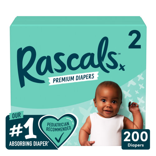 Rascal + Friends Premium Size 2 Diapers, 200 Count, Leak-Proof, Dermatologically Certified, Chlorine and Fragrance-Free