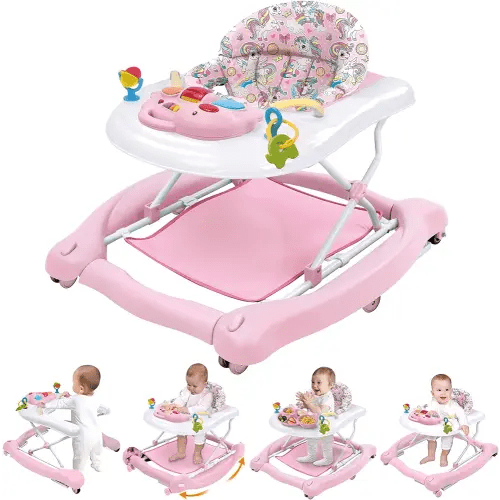 Foldable Baby 5-in-1 Activity Walker - Rocker, Activity Center, Bouncer, Seat Walker, Push Walker - Adjustable Speed Rear Wheels and Height Toys Ages 6-18 Months… (Pink)