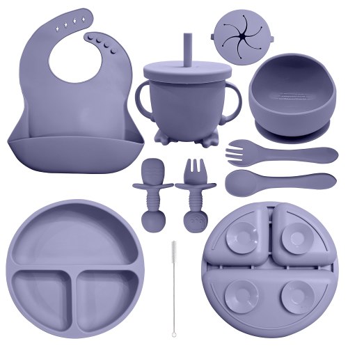 HippoBaby Baby Led Weaning Supplies | 10 Piece Silicone Feeding Set | Baby Toddler Bib Cup Divided Plate and Bowl Self Feeding Spoons Dish Set | Baby Utensils | Toddler Feeding Supplies (Purple)
