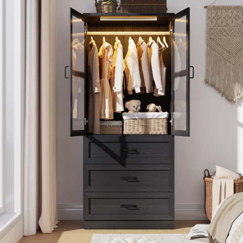 2 Glass Doors Armoire Wardrobe Closet with 3 Drawer & LED Light,75"H Wardrobe Closet Clothing Organizer with Hanging Rail for Bedroom