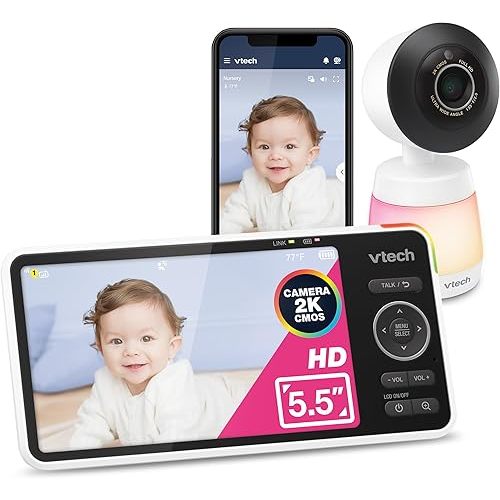 VTech Smart WiFi Baby Monitor, 2K CMOS Sensor Camera, 5.5-inch HD IPS Screen, Clear Infrared Night Vision, Pan-Tilt, 24x Zoom, 2-Way Talk, Multi-Color Night Light, Soothing, Free App: Smart HD Plus