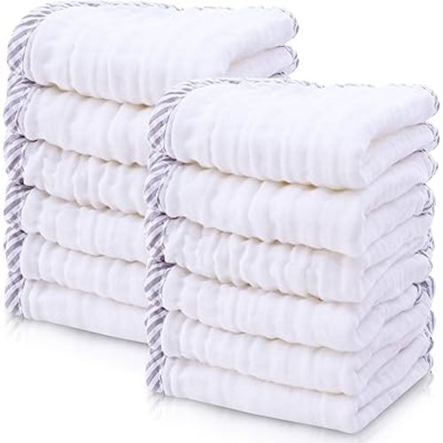 Cute Castle 12 Pack Muslin Baby Washcloths - Large 12'' by 12'' - Ultra Soft 100% Cotton - Super Absorbent Burp Cloths for Unisex, Boy, Girl -Stripe