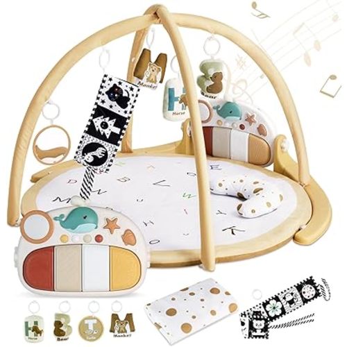ANGELBLISS Baby Play Gym Mat, Kick Tummy Time Baby Activity Gym & Play Mat with 5 Toys, 1 Detachable Piano, Tent Cover & Pillow, Boy & Girl Gifts for Newborn to Toddler
