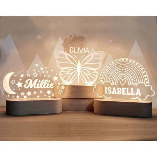 Custom night light, Moon & stars butterfly or rainbow for kids room decor, personalize with your name