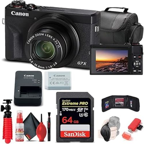Canon PowerShot G7 X Mark III Digital Camera (Black) (3637C001) + 64GB Memory Card + Card Reader + Deluxe Soft Bag + Flex Tripod + Hand Strap + Memory Wallet + Cleaning Kit (Renewed)