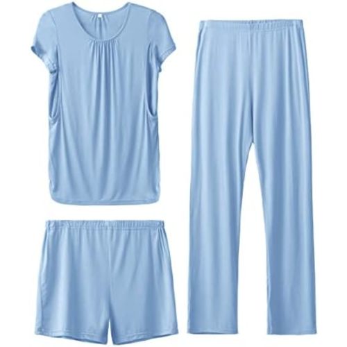 SUNNYBUY Womens Maternity Nursing Pajamas Set, Short Sleeve Breastfeeding Shirts,Pregnancy Shorts & Pants 3 Piece Nursing PJS
