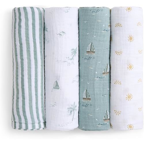 aden + anais 100% Organic Cotton Muslin Swaddle, Breathable Baby Blanket, Ideal for Boys, Girls, Newborns, Babies & Infants, Receiving Blanket, Soft and Lightweight Wrap, 4 Pack, Sailing Seas