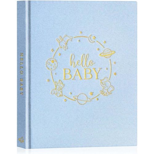 Lanpn Hello Baby Memory Book for Boy Girl - Linen Hardcover Baby Book Keepsake for New Parents - Newborn Baby First 5 Year Journal Scrapbook Photo Album Baby Milestone Book (Blue, 154 Pages)