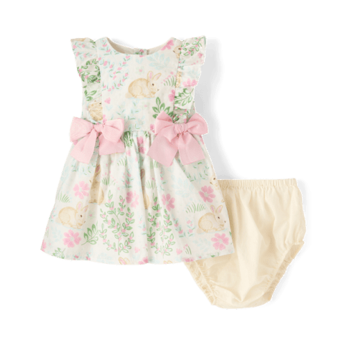 Baby Girls Bunny Bow Flutter Dress - White