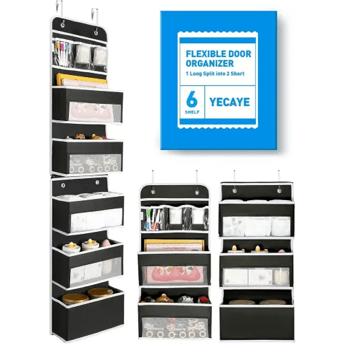 Yecaye 6-Tier Over the Door Storage Organizer, Flexible 1 Split into 2 Swing-proof Hanging Bathroom Organizer, Bedroom Organizers and Storage for Newborn Baby Essentials, Black
