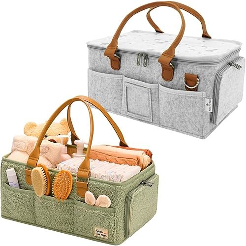 Diaper Caddy Organizers Bundle (Grey With Lid and Green Without Lid)