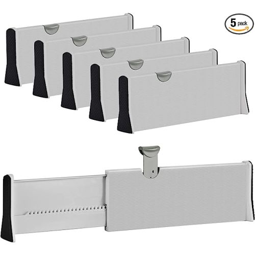 Drawer Dividers Organizer 5 Pack, Adjustable Separators 4" High Expandable from 11-17" for Bedroom, Bathroom, Closet,Clothing, Office, Kitchen Storage, Strong Secure Hold, Foam Ends, Locks in Place - Grey - 4" Tall, 11"-17" Long, 5 Pack