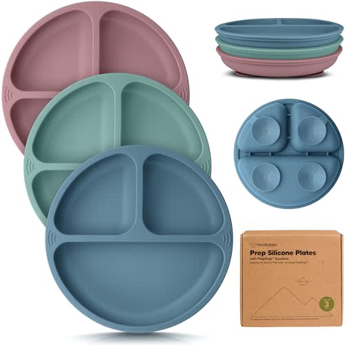 KeaBabies Suction Plates for Baby, Toddler - 3-Pack 100% Silicone Toddler Plates with Suction, Divided, BPA-Free Baby Led Weaning Essentials for Kids, Dishwasher, Microwave Safe, Durable (Quantum)