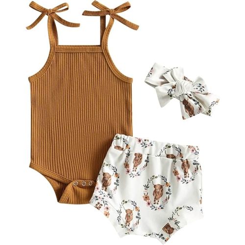 Kuriozud Newborn Infant Baby Girl 2 Piece Summer Outfits Tank Romper Top + Ruffle Bloomer Shorts Set Clothes