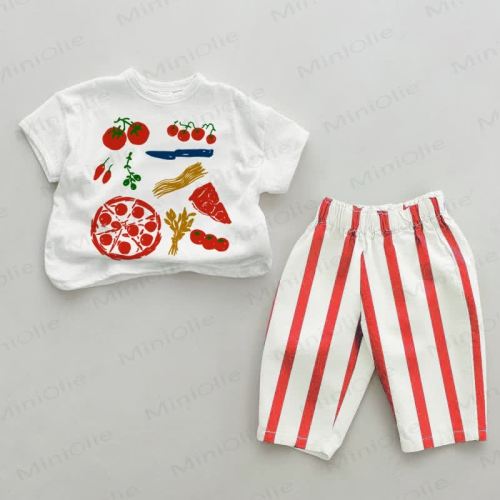 In size 6-12 months. Baby Pizza Tomato Red Vertical Striped 2-piece Set