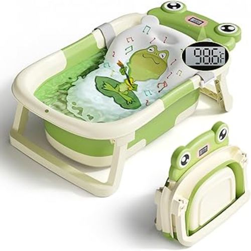 Baby Bathtub, Collapsible Newborn Bathtub for Infant to Toddler 0-24 Months with Soft Cushion and Thermometer,Portable Travel Newborn Tub with No-Slip Feet, Baby Shower Gifts,Green