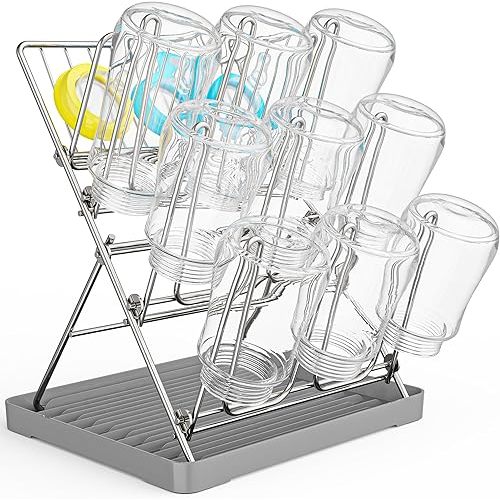 Solvrix Vertical Baby Bottle Drying Rack, 9 Hooks Vertical Rack Dryer with Drainage Tray for Water Bottles, Drinking Glasses, Mugs, Cups, Foldable, Stainless Steel