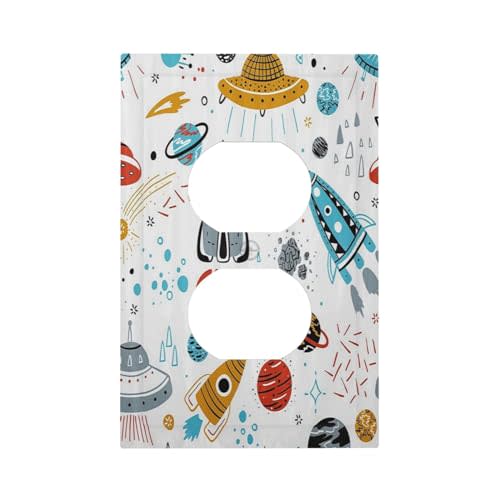 Cartoon Space Rocket Boys Universe Planet 1 Gang Outlet Plate Decorative Single Duplex Wall Plate Covers Unique Electrical Receptacle Light Switch Cover Art Faceplate Switchplate for Kidroom Decor