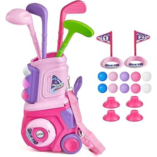 PJG Toddler Golf Set, Plastic Kids Golf Clubs Ages 1 2 3 4 5 Years Old with 4 Golf Clubs and 10 Balls, Toddler Golf Toys with Cart for Boys and Girls Birthday (Pink)