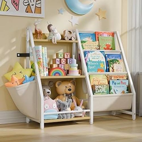 LATIBELL 3 Tier Kids Bookshelf and Toy Storage, Kids Book Sling Shelf, Montessori Baby Toddler Bookshelf for Kids, Kids Bookcase, Toy Storage Organizer, for Playroom, Bedroom, Nursery (Burlywood)
