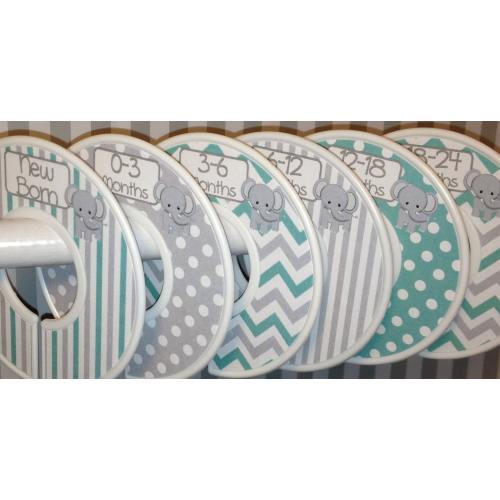 6  Baby Closet Dividers Organizers Grey and Aqua Green Elephants CD204 Baby Boy or Baby Girl Nursery Shower Gift - Clothes Dividers