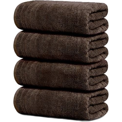 Tens Towels Pack of 4 Extra Large Bath Towels 30 x 60 Inches, 100% Cotton, Larger & Lighter, Quicker to Dry, Lighter Weight, Super Soft and Absorbent, Perfect Bathroom Towels (Brown)