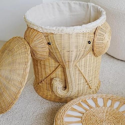 Handmade Rattan Dirty Clothes Basket with Lid, Elephant Shape Sundry Basket, Bathroom Dirty Clothes Basket, Toy Storage Basket, Household Large Capacity Organising Bin