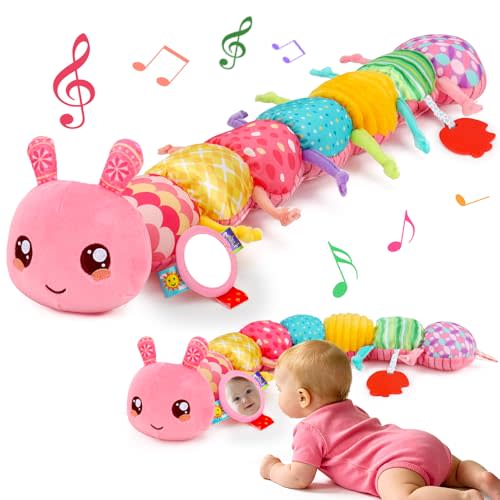 Baby Girl Toys 0-6 Months Musical Stuffed Caterpillar Pink Toys for Infant 0-3 3-6 Month Tummy Time Sensory Newborn Toys with Mirror Crinkle Rattle for 2 3 4 5 6-12 Month Old Babies Girl Shower Gifts