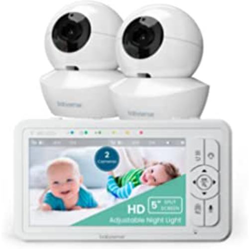 Babysense 5" HD Split-Screen Baby Monitor, Video Baby Monitor with 2 Cameras and Audio, Night Light, 960ft Range, Two-Way Audio, 4X Zoom, Night Vision, 4000mAh Battery