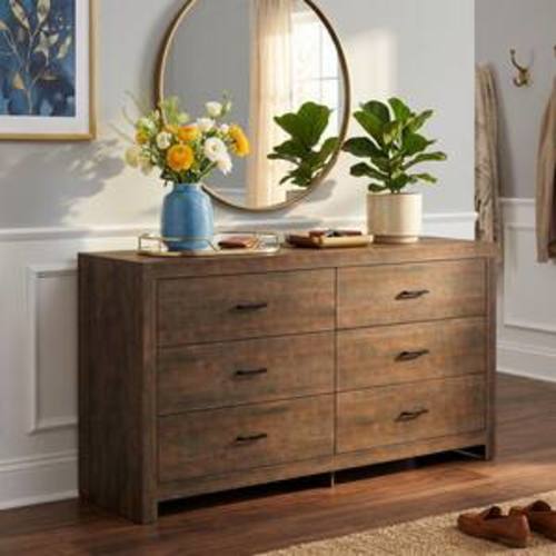 Brown Wood Finish 6-Drawer 63 in. x 15.7 in. x 33.1 in. Dresser, Wooden Chest of Drawers for Bedroom