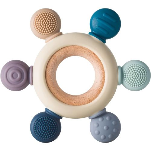 Baby Teething Toys Silicone Teethers BPA Free Silicone Rudder with Wooden Ring Soothe Babies Gums (Gray)