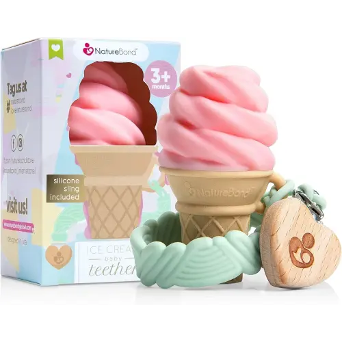 NatureBond Teething Toys Baby Gift - BPA Free Ice Cream Baby Teethers for Babies 0-12 months, Baby Shower Gifts, Gift Box with Silicone Pacifier Sling (Strawberry Pink)