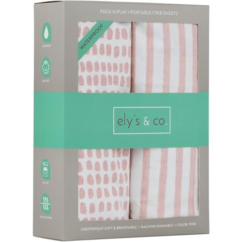 Ely's & Co. Patent Pending Waterproof Pack N Play/Mini Portable Crib Sheet with Mattress Pad Cover Protection I Mauve Pink Stripes and Splash by Ely's & Co.