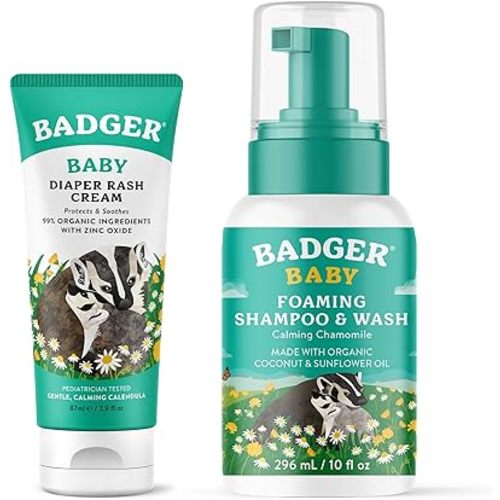 Badger Diaper Cream and Baby Wash Bundle - Zinc Oxide Diaper Cream Calendula with Beeswax & Sunflower, Baby Wash Calming Chamomile - All Organic