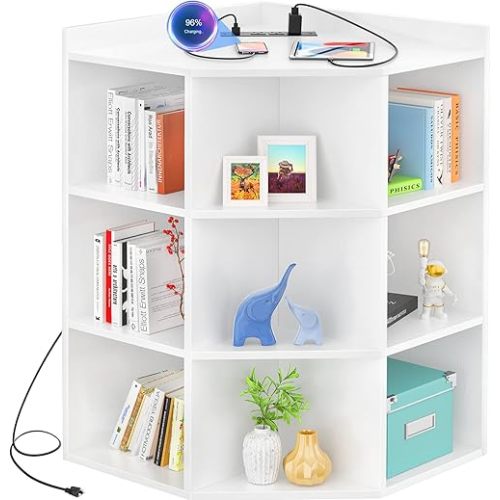 Aheaplus Corner Cabinet, Corner Storage with USB Ports and Outlets, Wooden Cubby Corner Bookshelf with 9 Cubes for Small Space, Corner Cube Toy Storage for Bedroom, Living Room, Office, White