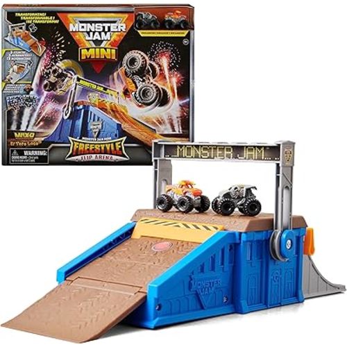 Monster Jam Mini Freestyle Flip Arena Playset and Storage with 2 Mini Trucks, Kids Toys for Boys and Girls Ages 3 and up