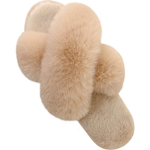 Parlovable Women's Fuzzy Slippers Comfy Cross Band House Shoes Memory Foam Open Toe Indoor Gifts for Ladies