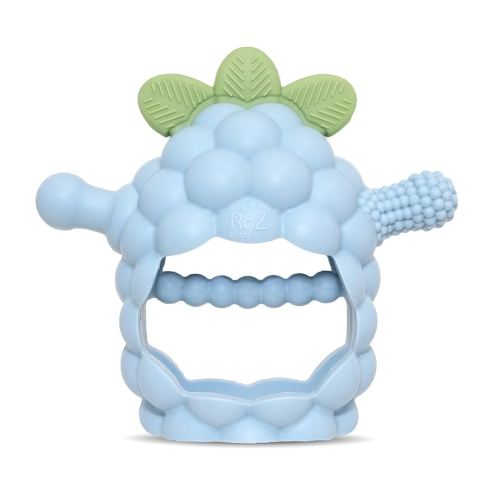 RaZbaby RaZberry Grip Silicone Teether Toy for 3M+ | Drop Resistant Hand Held Teether for Babies and Infants - Designed by Nature with Our Patented BerryBumps Multitextured Design | 3M+, Blue