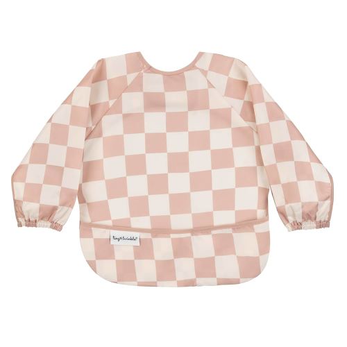 Tiny Twinkle Mess Proof Baby Bib,Waterproof Smock Baby Bib for Eating,Machine Washable Long Sleeve Bib,Baby Led Weaning,Toddler Bib,BLW Supplies(Checkers Brown, Small 6-24 Months)