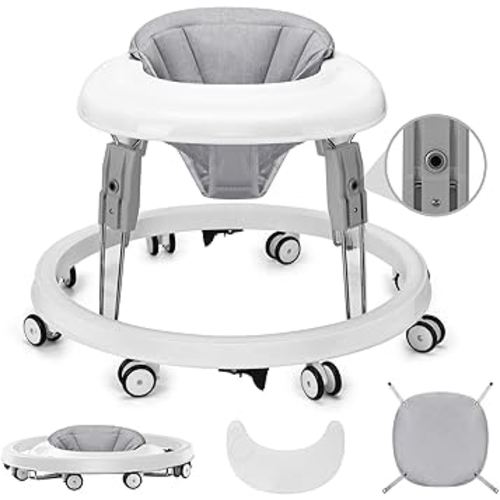 One-Touch Folding Baby Walker, Anti-Roll 8-Wheel Round Chassis, 7-Speed Height Adjustment, with Large Dinner Plate and Brake, 6-18 Months Baby Walker, Gray.