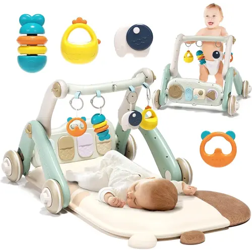 2 in 1 Baby Gym with Walker,Baby Play Mat with 4 Infant Learning Sensory,Double-Sided Multifunctional Removable Play Piano Panel,Sit-to-Stand Learning Walker for 0-24 Months Boy Girl [White]