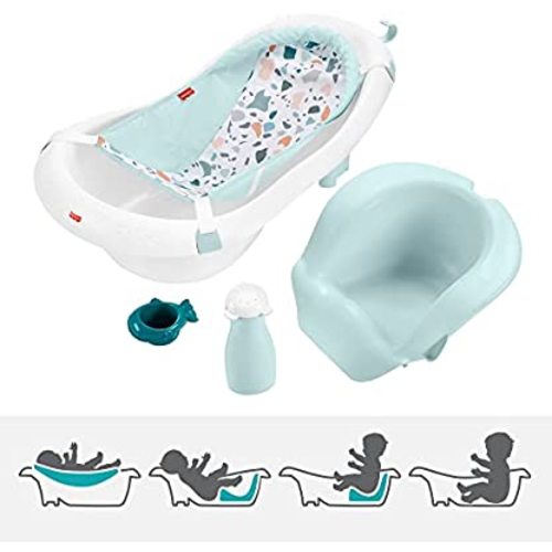 Fisher-Price 4-In-1 Sling 'N Seat Bath Tub, Pacific Pebble, Baby To Toddler Convertible Tub With Seat And Toys